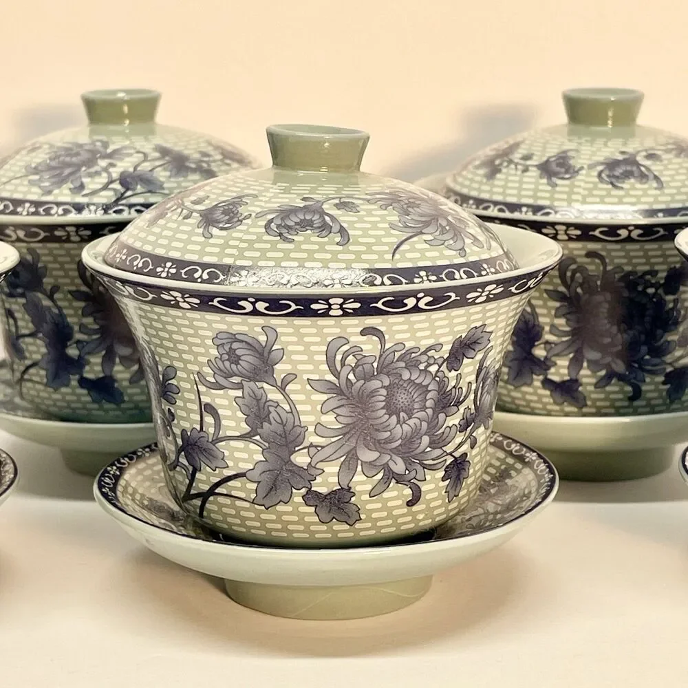 Vintage Bairuxue Art Ceramics Chinese Tea Set Blue Floral on Grey/Green-BOXED